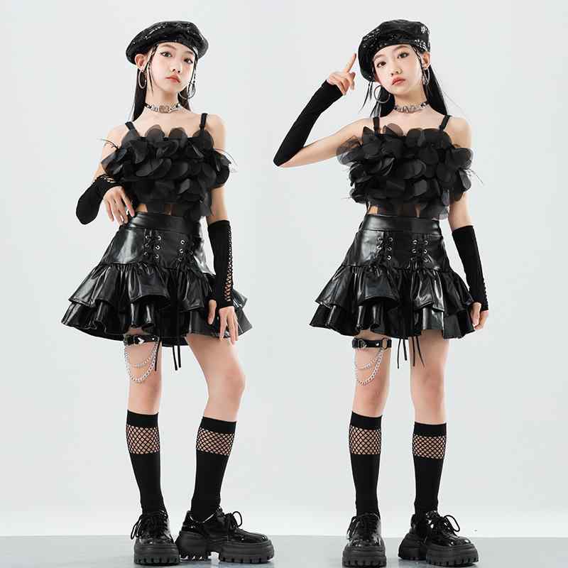 キッズ 女の子 ダンス衣装 ジャズダンス スパンコール フェイクレザー ティアードスカート スイートクール セットアップ 発表会 ステージ ファッションショー