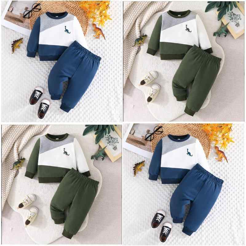 キッズ 男の子 ベビー服 秋冬 恐竜 キャラクター 切り替え 長袖 トレーナー ロングパンツ 上下セット 2点セット 部屋着 カジュアル フードなし かわいい ポリエステル素材