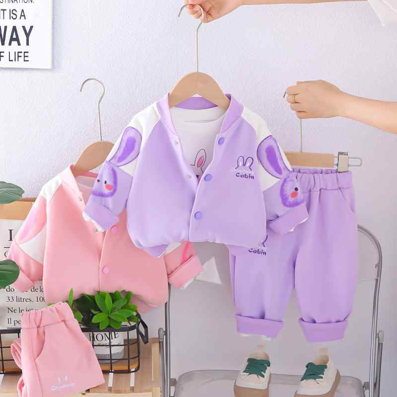 キッズ 女の子 セットアップ 上下セット 3点セット かわいい うさぎ キャラクター 野球服 ベースボールジャケット ブルゾン 長袖 カジュアル スポーティー コットン95% やわらか素材 春秋物