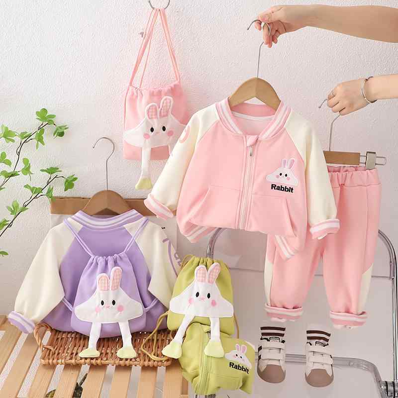ベビー キッズ 女の子 春秋 長袖 ジップアップ パーカー ロングパンツ 3点セット リュックウサギ デザイン 綿95% やわらか 肌に優しい カジュアル おしゃれ かわいい セットアップ 上下セット
