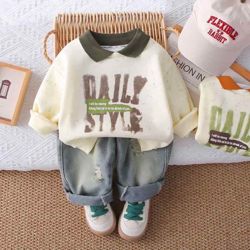 セットアップ 男の子 キッズ ボーイズ ベビー 春秋 英字 襟付き 長袖 ポロシャツ デニムパンツ 上下2点..