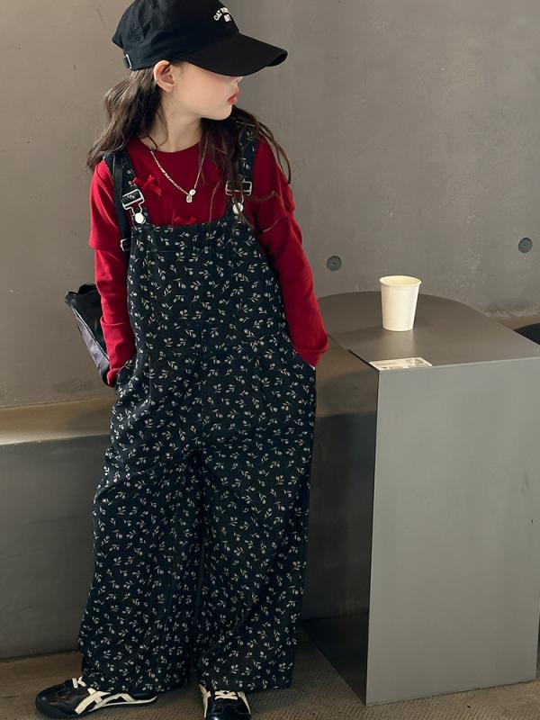 キッズ 女の子 パンツセットアップ 2点セット 秋服 おしゃれ カジュアル トレンド 小花柄 サロペット ..