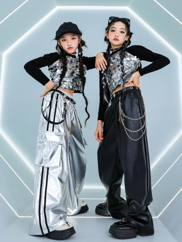 ダンス衣装 キッズ 女の子 ジャズダンス ストリート ヒップホップ スパンコール キラキラ 目立つ セットアップ シルバー ブラック 長袖 ロングパンツ 子供用 発表会 ステージ衣装