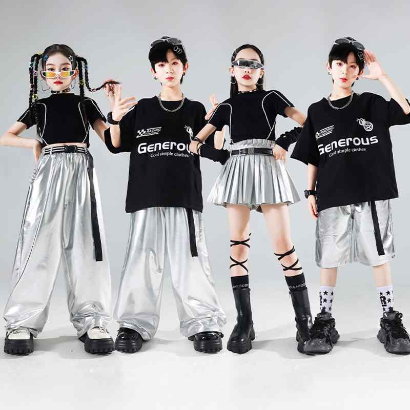 ダンス衣装 キッズ 男の子 女の子 ヒップホップ ストリートダンス 発表会 舞台 ジャズダンス シルバー レザー調 セットアップ 上下セット 半袖 長ズボン 春秋冬 クール かっこいい