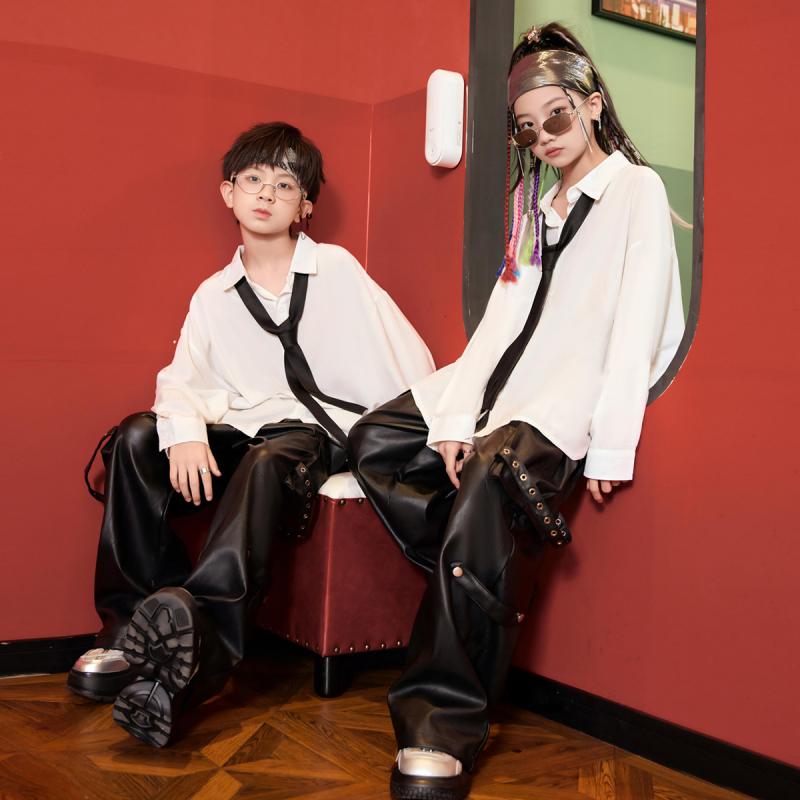 キッズ 女の子 ストリートダンス ジャズダンス 発表会 イベント ダンスウェア シャツ フェイクレザーパンツ セットアップ 配色デザイン 韓国風 クール おしゃれ 綿 コットン 秋冬