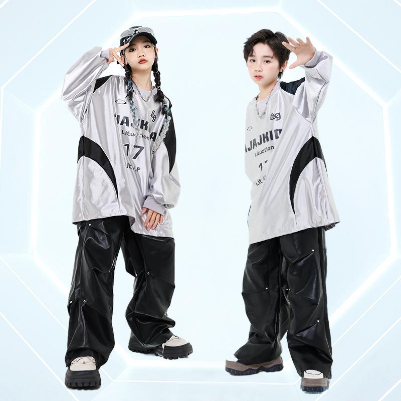 キッズ 男の子 女の子 ダンス 衣装 ヒップホップ ストリート パフォーマンス 発表会 ドラム 長袖 スウェット セットアップ 春秋 カジュアル シルバー トップス ブラック フェイクレザー パンツ おしゃれ