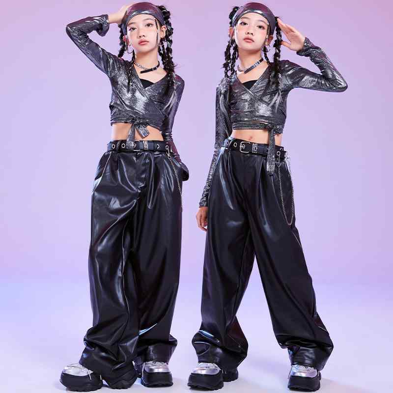 ダンス衣装 ガールズ キッズ ジャズ ストリート ヒップホップ 発表会 舞台 演出 おしゃれ 長袖トップス キャミソール レザーパンツ セットアップ 春秋