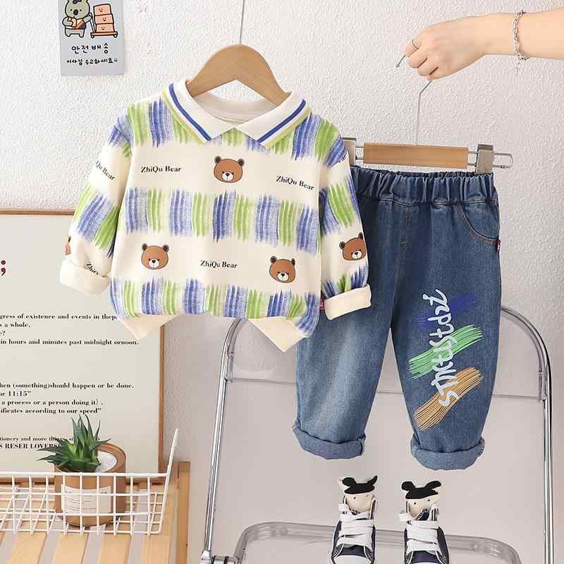 上下セット 男の子 キッズ ベビー 長袖 春秋 コットン 柔らかい肌触り カジュアル ポロ襟 クマ柄 ストライプ ポロシャツ スウェット パンツ 2点組