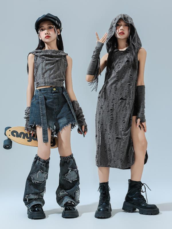 ダンスウェア キッズ 女の子 子供 ジャズダンス ヒップホップ ストリート セットアップ 上下セット おしゃれ クール ダメージ加工 フーディー 袖カバー付き 綿混素材 発表会 演出 ステージ ファッションショー ダンス練習着 春秋