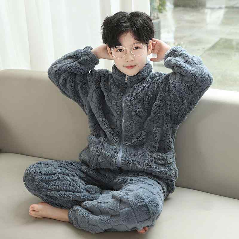 パジャマ 男の子 キッズ 保温 フランネル 裏起毛 厚手 ルームウェア 上下セット 秋冬 ジュニア 普段着 カジュアル 冬用 サンゴフリース ポリエステル 無地 柔らかい 肌に優しい