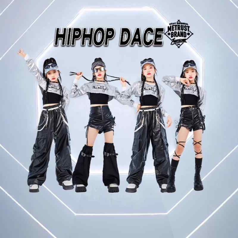 ダンス衣装 キッズ 女の子 ジャズ ヒップホップ ストリート系 セットアップ シルバーレザー メタリック 上下セット 演出服 発表会 ステージ衣装 春秋 トレンド おしゃれ クール