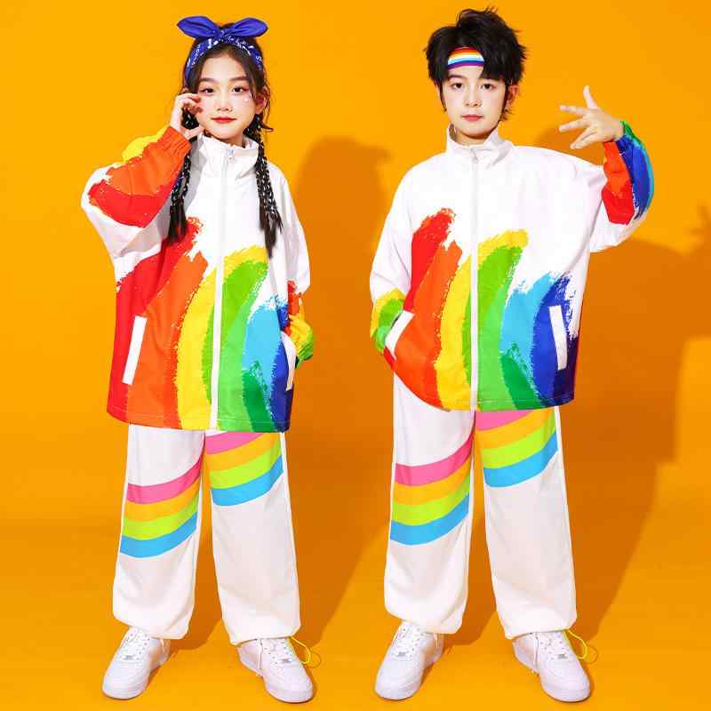 キッズ 小学生 ジュニア ダンス 衣装 セットアップ ヒップホップ ストリート チアガール パフォーマンスウェア 発表会 運動会 合唱 チームウェア 新チャイナスタイル レインボーカラー ポリエステル 柔らかい肌触り 春秋