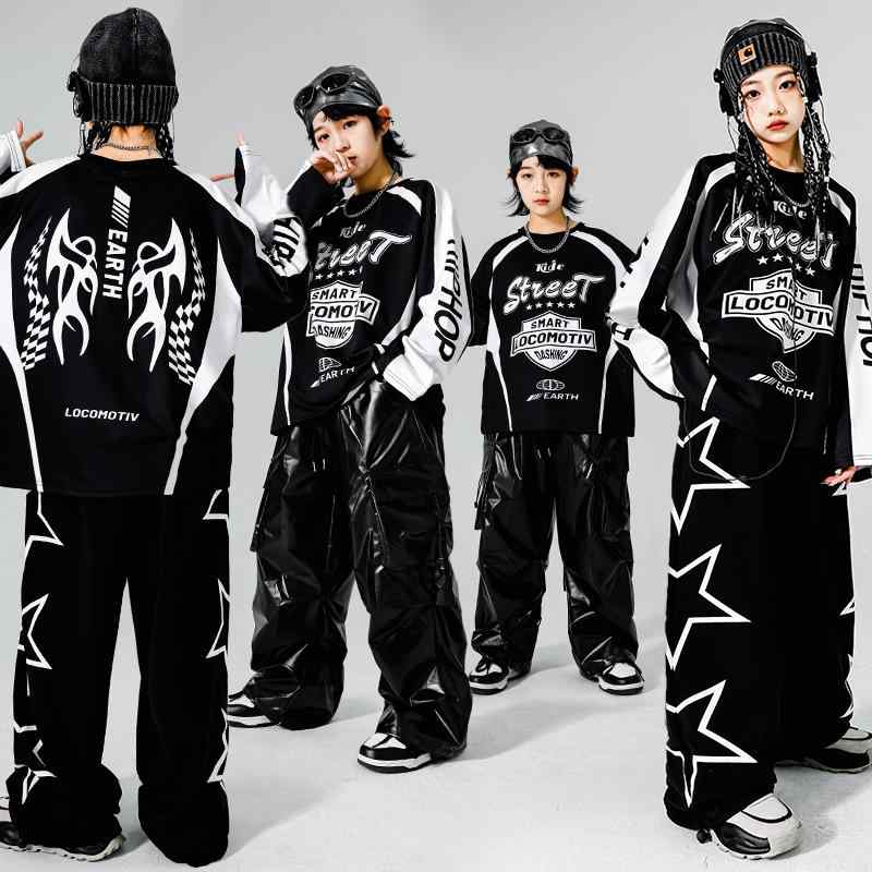 ダンス衣装 キッズ 男の子 女の子 男女兼用 ストリートダンス ヒップホップ ステージ衣装 発表会 ライダース風 ドラム セットアップ 長袖 長パンツ 小学生 中学生 ジュニア ポリエステル 柔らかい 春秋 おしゃれ ストリート系