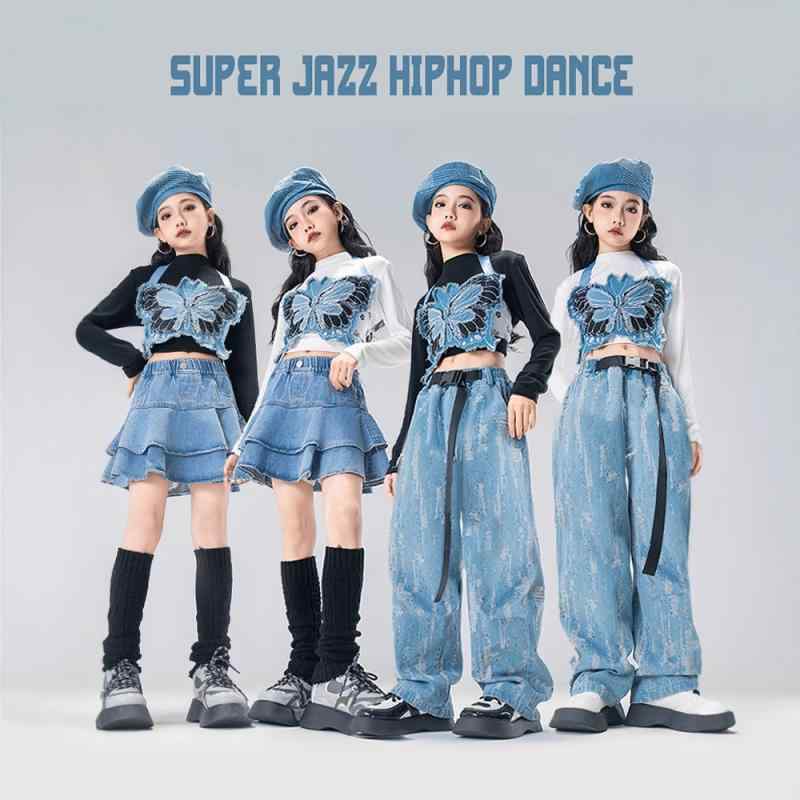 ジャズダンス衣装 キッズ 女の子 クール スタイリッシュ 韓国風 KPOP ヒップホップ 蝶々 デニム へそ出..