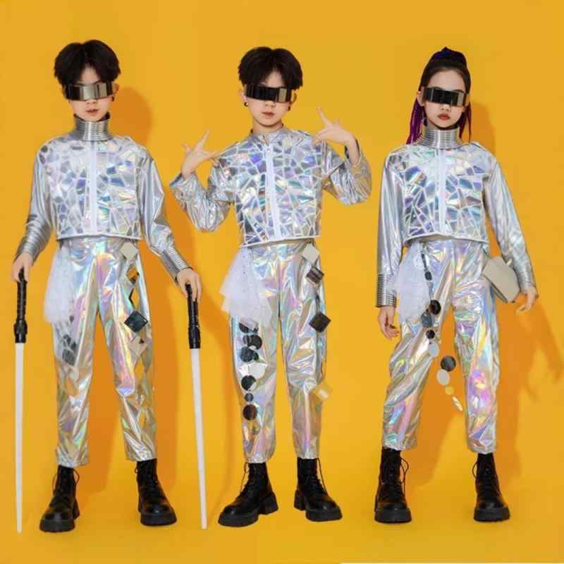 ダンス衣装 キッズ 男の子 女の子 SF ロボット 宇宙 未来感 シルバー メタリック 光沢 セットアップ ス..