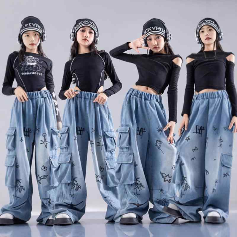ジャズダンス衣装 キッズ 女の子 ガールズ 発表会 舞台 演出 ファッションショー ランウェイ 練習着 トレンド クール スタイリッシュ おしゃれ 韓国風 綿素材 春秋 セットアップ 上下セット