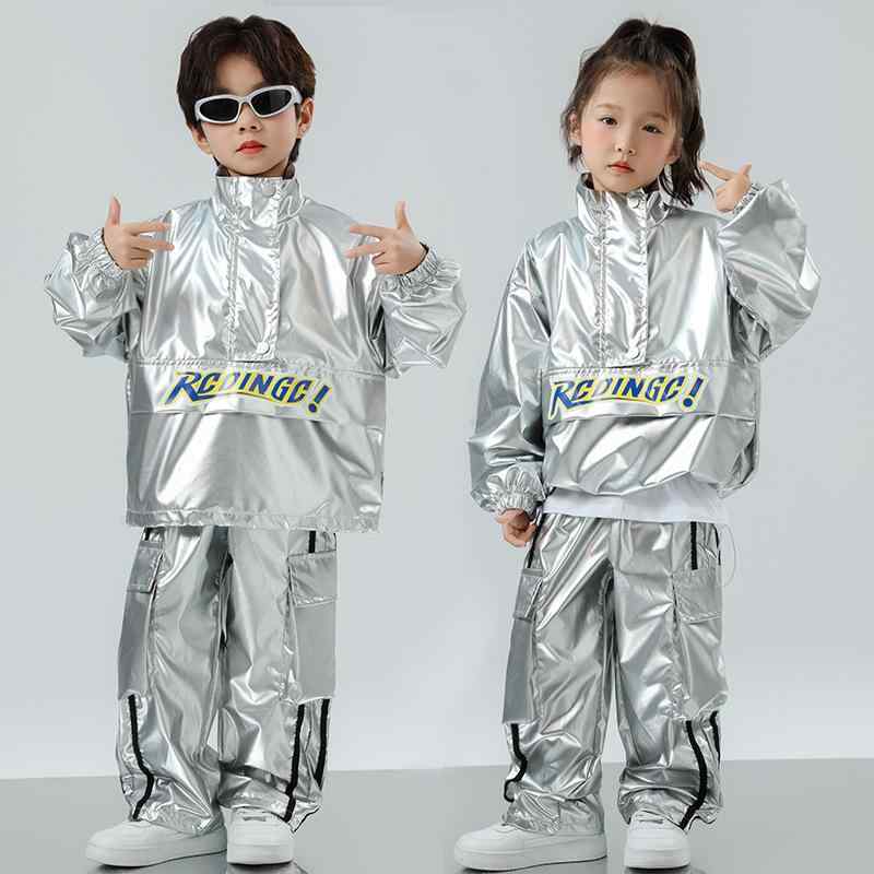 キッズ ダンスウェア 男の子 ヒップホップ ストリート 光沢 シャイニー クール かっこいい ステージ衣装 発表会 イベント パフォーマンスウェア 目立つ 存在感抜群 上下セット