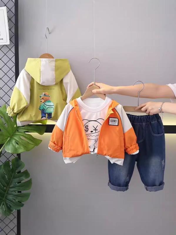 セットアップ ベビー 男の子 キッズ 春秋 長袖 パーカー 3点セット コットン キャラクター プリント 配..