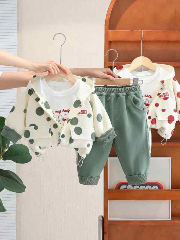 ベビー服 女の子 部屋着 お出かけ 春秋 長袖 フード付き パンツ 3点セット コットン 柔らか素材 ドット..