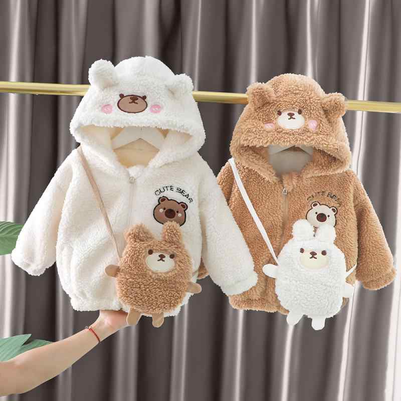 アウター キッズ 男の子 ベビー 裏起毛 フード付き クマ柄 ジップアップ 厚手 秋冬 ジャケット 綿 コッ..