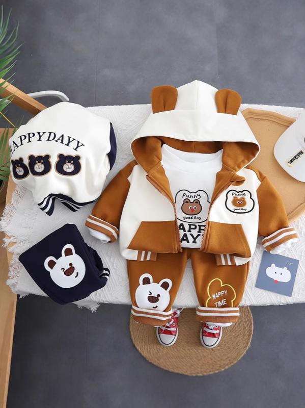 ベビー服 男の子 春秋 長袖 フード付き ジップアップ ジャケット ロングパンツ 3点セット セットアップ カジュアル キャラクター かわいい 韓国ファッション コットン 幼児 赤ちゃん 6ヶ月 7ヶ月 8ヶ月 1歳