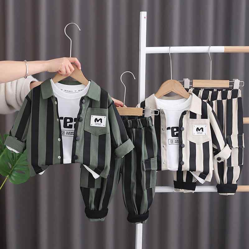 ベビー服 男の子 春物 縦ストライプ柄 おしゃれ 長袖 フードなし ジャケット シングルボタン パンツ コットン 3点セット 柔らか素材 通園 お出かけ 韓国子供服 セットアップ