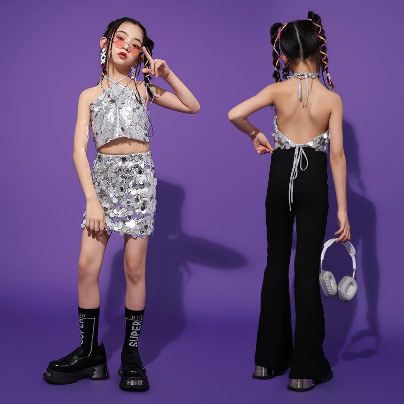 キッズ 女の子 かっこいい ストリート ダンス ジャズ ワッキング 衣装 スパンコール キラキラ 光沢感 ..