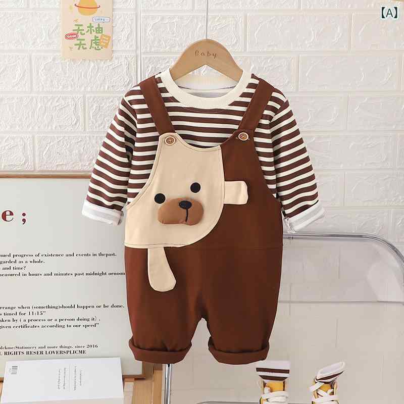 セキュアデポのベビー服 男の子 女の子 綿 コットン 柔らかい 秋冬 ボーダー くま スウェット サロペット 韓国風 かわいい 1歳 2歳 3歳 80cm 90cm 100cm ブラウン グリーン 2点セット｜アングル2