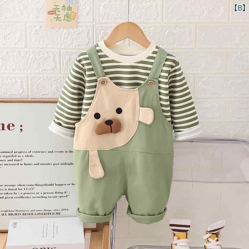 セキュアデポのベビー服 男の子 女の子 綿 コットン 柔らかい 秋冬 ボーダー くま スウェット サロペット 韓国風 かわいい 1歳 2歳 3歳 80cm 90cm 100cm ブラウン グリーン 2点セット｜アングル3