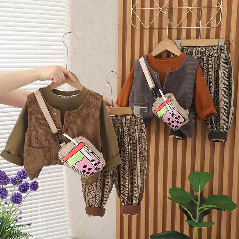 セットアップ 男の子 ベビー 幼児 園児 春秋 レトロ風 おしゃれ 韓国風 ベスト付き パンツセット 鞄付..