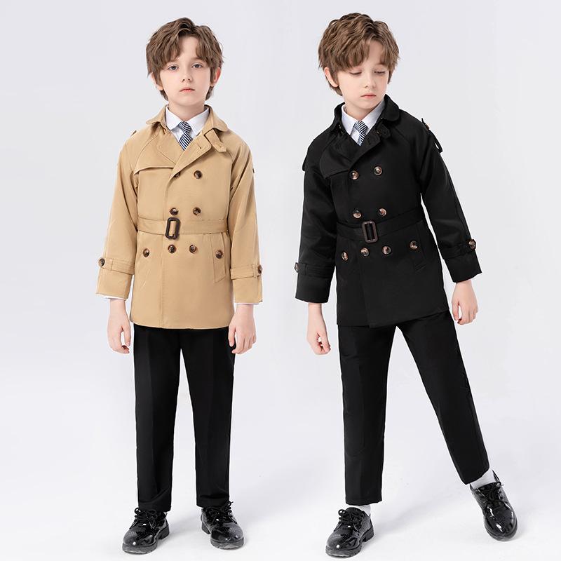 トレンチコート 男の子 フォーマルスーツ 韓国風 キッズ ジュニア 発表会 結婚式 卒業式 入学式 卒園式 七五三 3点セット ロングパンツ ネクタイ やわらか...