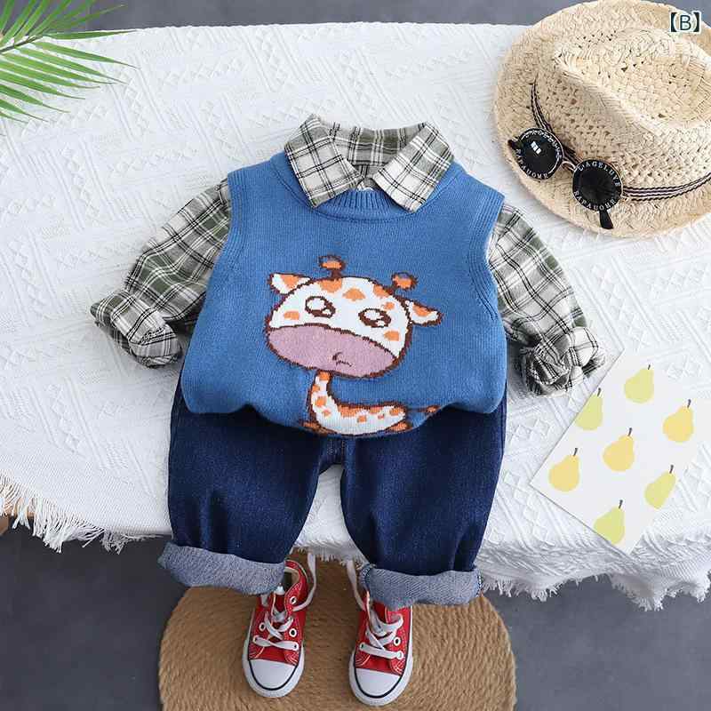 キッズ 男の子 セットアップ 3点セット 長袖 ニット ベスト ロングパンツ コットン...