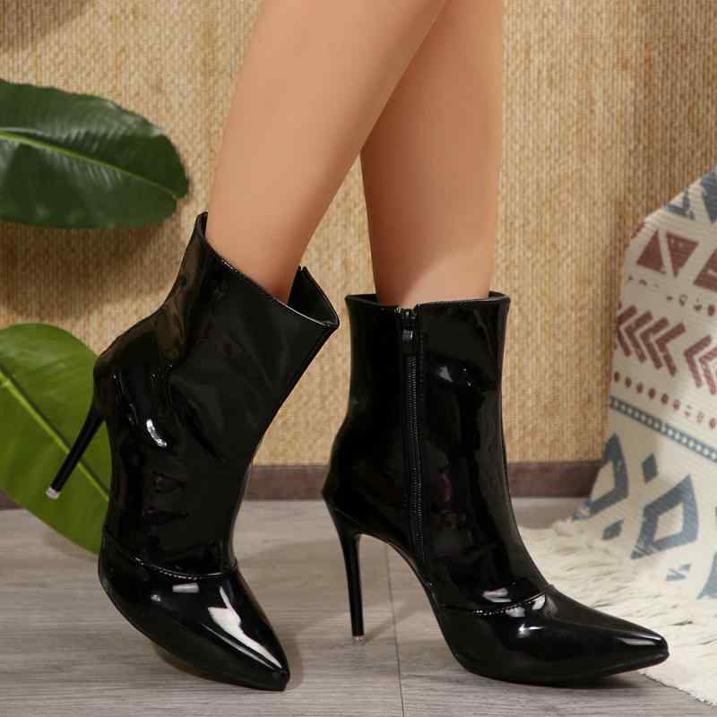 ブーツ レディース 秋冬 ポインテッドトゥ ピンヒール ハイヒール 光沢 エナメル調 ストレッチフィット 美脚 ショートブーツ 裏起毛 サイドジップ 滑り止め 通勤 オフィス きれいめ