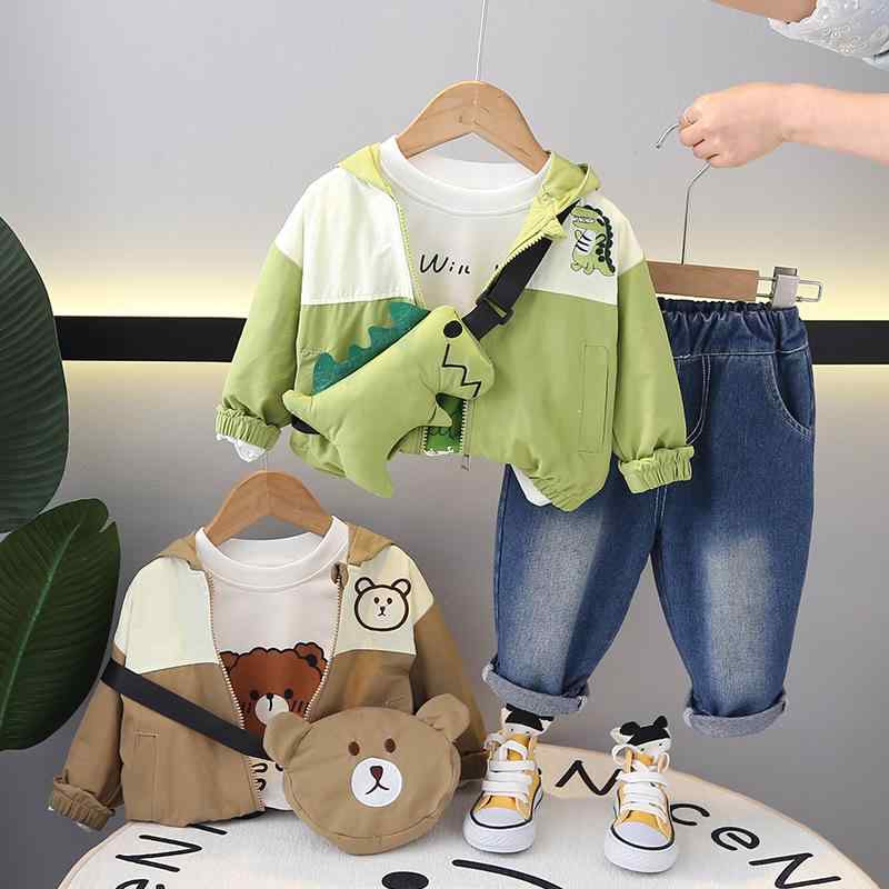 キッズ 男の子 ボーイズ 春秋 綿 コットン 柔らかい肌触り キャラクター 恐竜 クマ顔 フード付き 長袖 ジャケット アウター ジップアップ ファスナー パンツ セットアップ 3点セット 韓国風 おしゃれ 普段着 部屋着 通学
