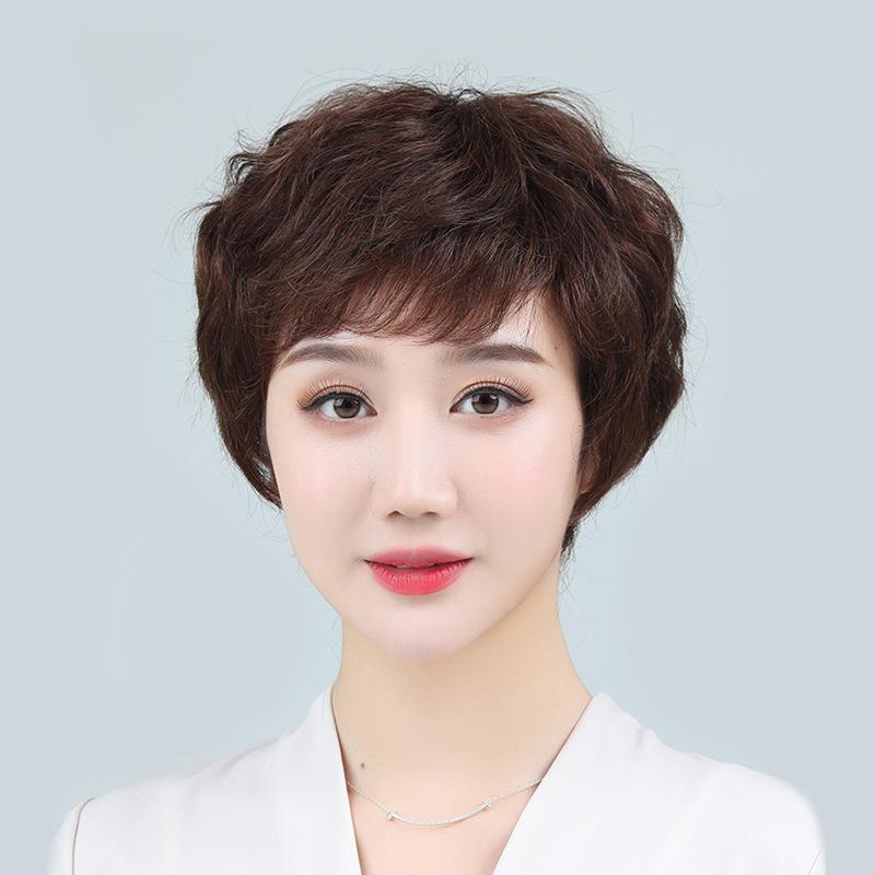 ウィッグ レディース ミセス 人毛100% 総手植え ショート パーマ カール 白髪隠し 薄毛隠し 自然 ナチュラル リアル 斜め前髪 イメチェン どんな顔型にも合う ナチュラルブラック ダークブラウン モカブラウン(x2)