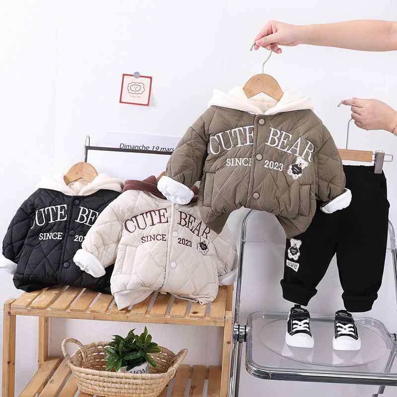 セットアップ キッズ ベビー 男女兼用 秋冬 中綿入り 厚手 フード付き 長袖 ロングパンツ アルファベッ..