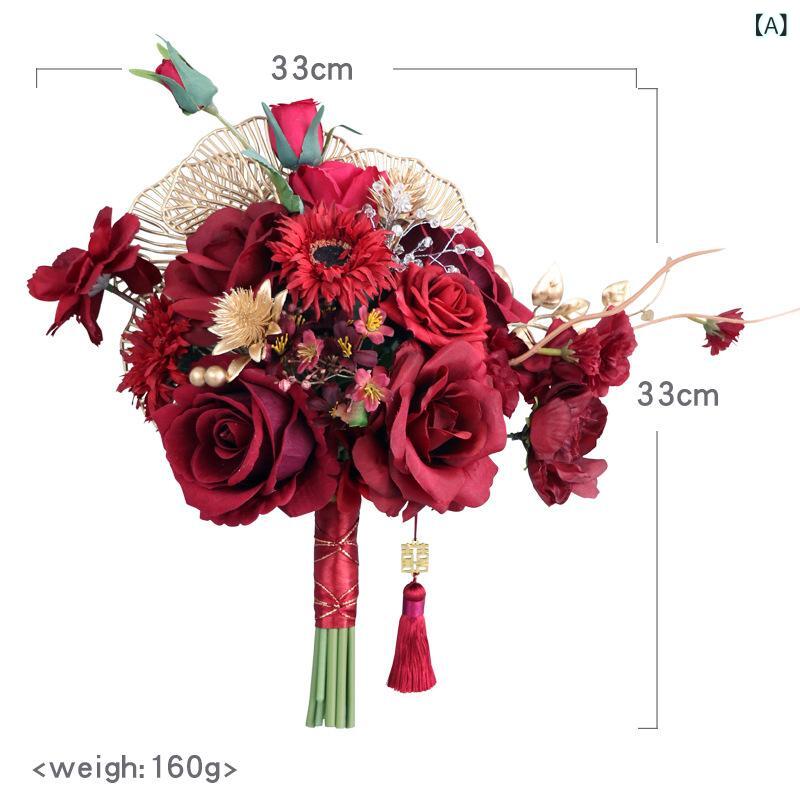 ブーケ 中国風 ウェディング ブライダル 花嫁 新郎 コサージュ リストブーケ セット 造花 シルクフラワ..