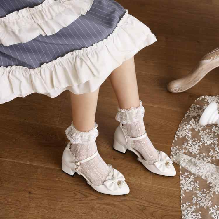 パンプス レディース チャンキーヒール 太ヒール ポインテッドトゥ バイカラー リボン セパレート ストラップ ロリータ 大きいサイズ 小さいサイズ オールシー...