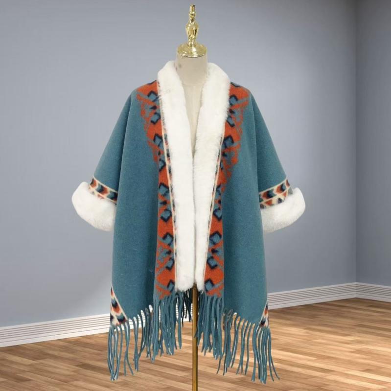 ショール ポンチョ レディース 秋冬 保温 暖かい フェイクカシミヤ 大判 ボリュームファー襟 フリンジ ..