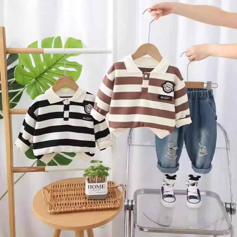 ベビー服 男の子 春秋 長袖 ポロシャツ ストライプ柄 ロングパンツ 2点セット セットアップ コットン ..