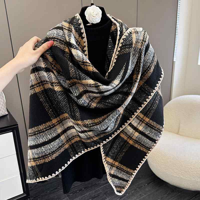 ショール レディース 秋冬 三角巾 羽織り 旅行 チェック柄 レトロ 保温 キャラメルカラー ポリエステル素材 防寒 着回し(x2)
