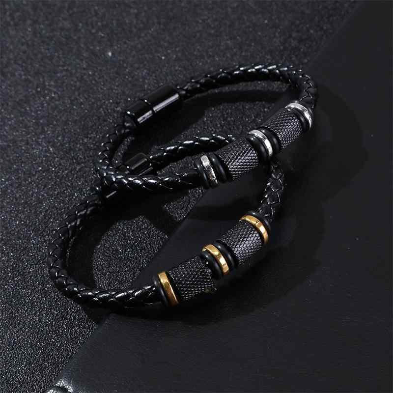 ブレスレット ユニセックス チタン鋼 マグネット式留め具 編み込み レザー ブラック シンプル 韓国スタイル ファッション 定番 オールシーズン