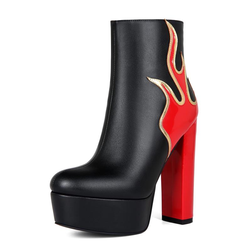 ショートブーツ レディース 厚底 太ヒール チャンキーヒール ハイヒール ラウンドトゥ バックジップ PU..