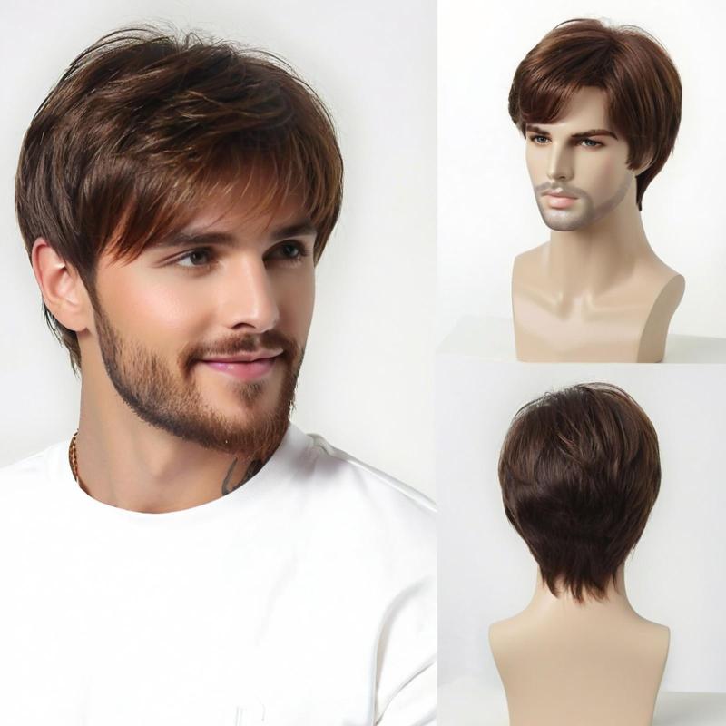 ウィッグ メンズ フルウィッグ ショートストレート 耐熱ファイバー 斜め前髪 パーマ カラー可能 短髪 自然なつむじ かつら ファッション おしゃれ イメチェン