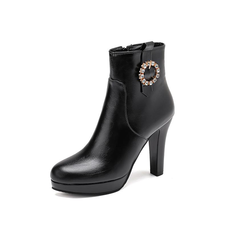 ショートブーツ レディース 保温 厚底 チャンキーヒール ハイヒール 英国風 ラインストーン ポインテッドトゥ ジョッキーブーツ サイドジップ 大きいサイズ対応 PUレザー