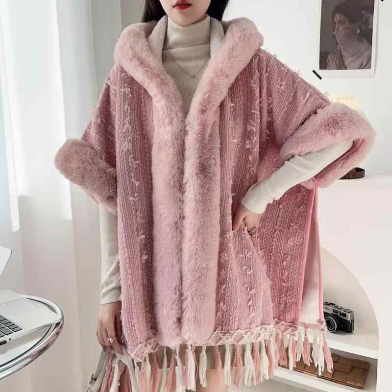 ポンチョ 秋冬 ゆったり 暖かい 裏起毛 厚手 フード付き フリンジ ふわふわ モコモコ バタフライ柄 切..