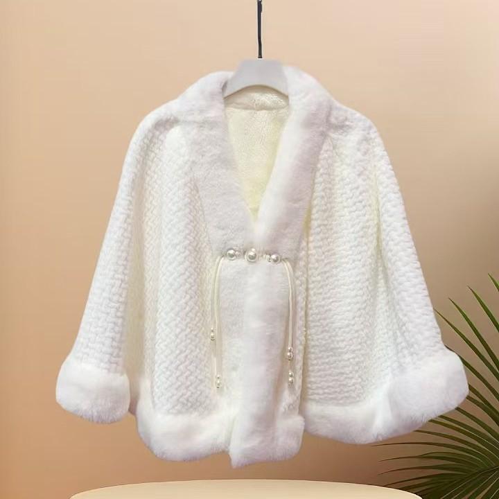 ショール レディース チャイナ風 飾りボタン 花柄 ポンチョ ラビットファー風 厚手 保温 防寒 秋冬 ア..