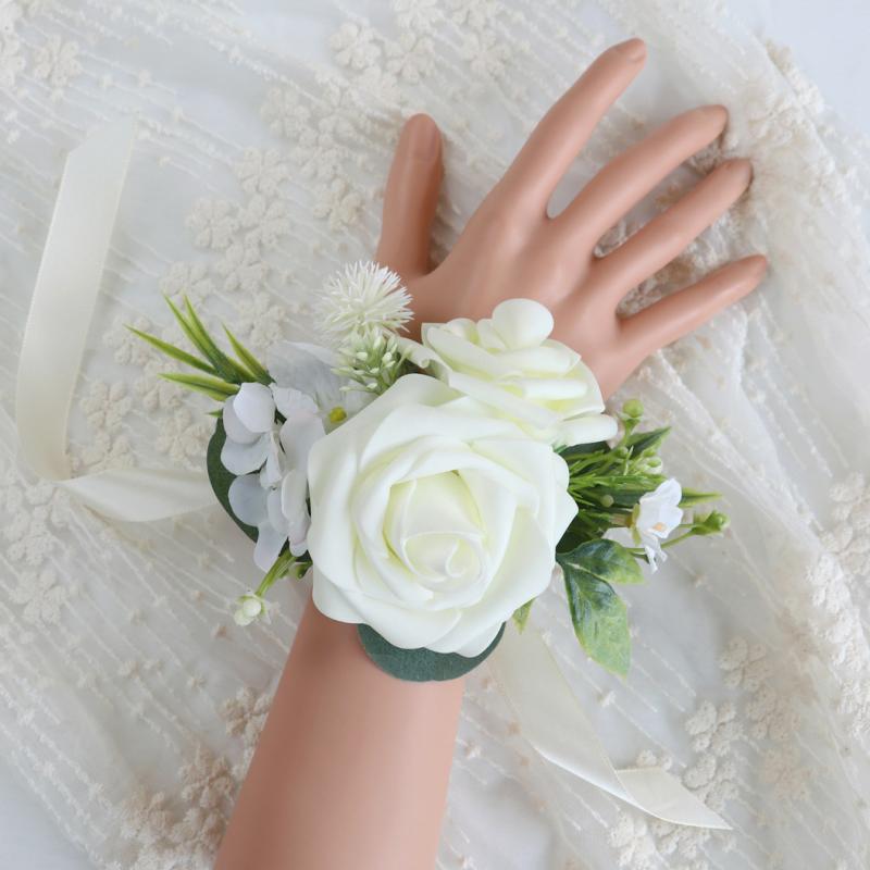 造花 シルクフラワー ウェディング 結婚式 新婦 ブライズメイド 新郎 グルームズマン リストブーケ リストレット ブートニア コサージュ ヨーロピアン パーティー 宴会 記念撮影 装飾 ローズ(x2)