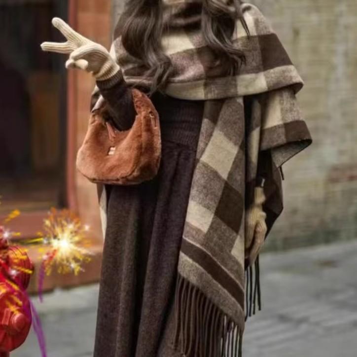 ショール ポンチョ レディース 秋冬 クラシック 定番 チェック柄 フリンジ 上質 カシミヤタッチ 暖かい..