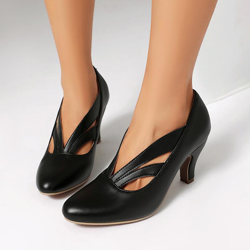 パンプス レディース メリージェーン スリッポン スクエアトゥ 太ヒール 中ヒール カットアウト 浅口 大きいサイズ PU素材 フェイクレザー 切り替え フォー...